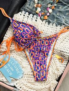 Bộ bikini nữ mới, họa tiết hình học, gợi cảm, chất liệu co giãn vừa phải, kiểu buộc dây, hở lưng, thích hợp cho kỳ nghỉ hè, đi biển. - Nhiều màu - Xem 6