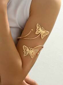 1 chiếc vòng tay kim loại hình bướm phóng đại thời trang dành cho nữ, thích hợp cho các bữa tiệc và dịp đặc biệt, quà tặng Giáng sinh/ngày lễ tình nhân hoàn hảo - Vàng - Xem 2