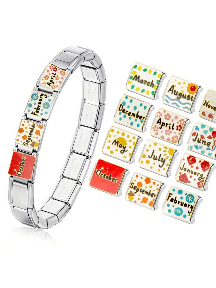 1pc Italian Modular Bracelet DIY Component, Detachable Design With Month Pattern, For DIY Bracelet Necklace Jewelry, Mix And Match Different Styles - Multicolor - View 1