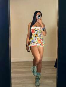 Women's Street Fashion Party Rock Print Color Block Mini Dress White Vacation - White - View 5