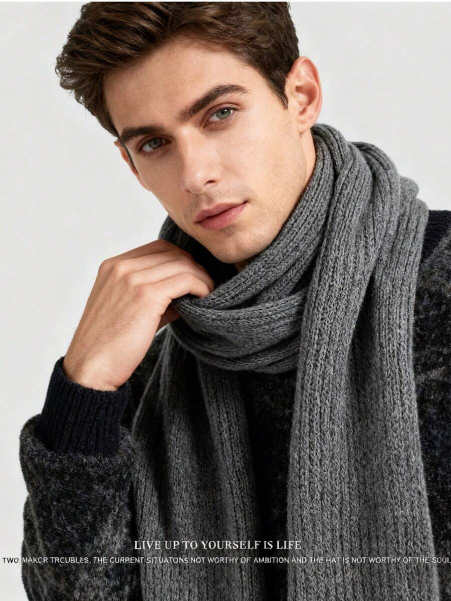 复古灰色针织围巾，男士时尚保暖加厚围脖，冬季必备单品，多角度造型彰显品味，送给男士、男性朋友、丈夫的最佳礼物 - 彩色 - 查看 1