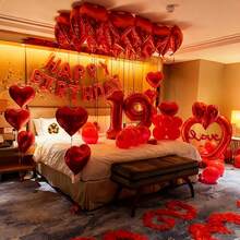 Valentine's Day Balloon Set, I LOVE YOU Red, Anniversary Decoration Balloon Set, Happy Anniversary Banner, Red Latex Balloons, Red Foil Standing Heart Balloons, Suitable For Valentine's Day Decoration, Anniversary Wedding Proposal Party Birthday Gathering New Year Indoor Decoration - 彩色 - 查看 5