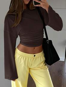 New Stylish Solid Color Ruffle Trim Elegant Long Sleeve Round Neck Blouse, Suitable For Vacation, Date, School, Travel, And Daily Wear - Chocolate Brown - View 5