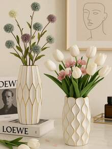 Jarrón decorativo blanco y dorado - Decoración escultórica moderna para la mesa, adecuado para la sala de estar, el dormitorio, regalo de graduación, decoración de inauguración de la casa o dormitorio, arreglo floral de verano - Multicolor - Ver 3