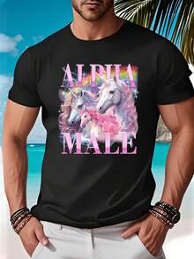 Alpha Male Unicorn Funny T-Shirt, Satirical Funny T-Shirt, Retro Unicorn T-Shirt, Men's T-Shirt, Round-Neck Short-Sleeved, Fashionable Casual, Comfortable Breathable, Men's Clothing T-Shirt - Black - View 1