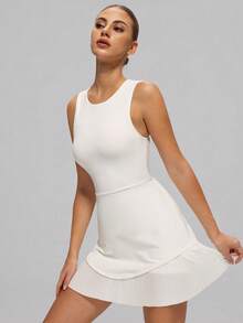 MASKERT Women's Sleeveless Sports Dress, Backless Design, Pleated Skirt, Skin-Friendly & Comfortable, Suitable For Tennis And Fitness - White - View 9