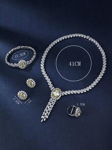 4pcs Platinum Plated Cubic Zirconia Fashion Statement Necklace, Earrings, Bracelet, Ring Set, Luxurious Sparkling Jewelry Set For Women - 4-piece Set Of Tassel and Main Stone Pendant - View 4