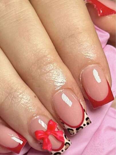 ARTAUG 10 Adet XS/S/M Beden Kırmızı Leopar Desenli Kare Kısa Takma Tırnak, Kırmızı Kurdele Tasarımlı, Nude Renk Manikür Tasarımı, Parlak Yapıştırmalı Tırnak Uçları, Olgun Kadınlar İçin Yeniden Kullanılabilir Tırnak Malzemeleri