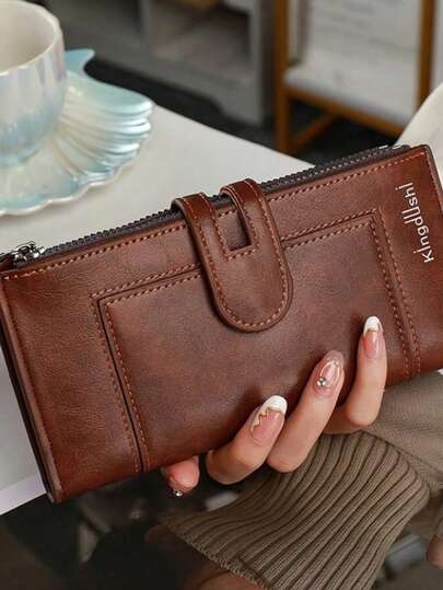 Billetera larga de cuero genuino marrón vintage: hebilla magnética + cierre de doble cremallera, múltiples ranuras para tarjetas y gran capacidad, elegante billetera de mujer con textura