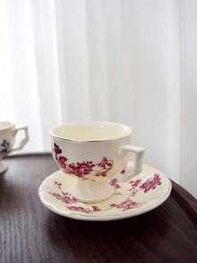1 pièce Tasse à expresso française en céramique de 100 ml et soucoupe, tasse à café pour le thé de l'après-midi, tasse à café élégante en céramique et soucoupe, service à thé de l'après-midi vintage avec motif floral - carthame - Voir 10