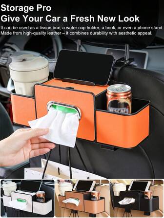 2-Layer Car Seat Back Organizer With Tissue Holder & Adjustable Hooks, Durable Leather+ABS Storage Box For Snacks/Drinks, Compact Design Fits All Vehicles, High-Quality Resin, Perfect For Road Trips