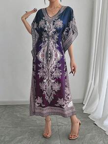 Solessence Mittlerer Osten/Arabischer Stil luftiger V-Ausschnitt atmungsaktives hochwertiges lässiges Umwandlungs-Taille schlankemachendes Urlaubs-Kurzarm-Kleid, Abaya in Große Größen - Violett - Übersicht 6