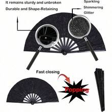 13-Inch Large Folding Fan, Shining - Hand Fan Pops Out Fan Strings, Dance To Strike Fan Boots, Dance On The Ground, Party, Outdoors, Decoration Shining - 黑色 - 查看 4