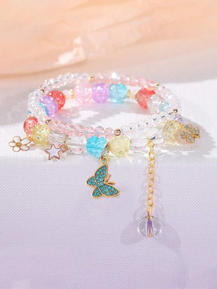 2Pcs/Set Fashionable Diamond-Encrusted Butterfly Four-Leaf Clover Pendant Bracelet, Cartoon Sweet Princess Layered Jewelry Set - one-size - View 1