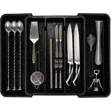 WSXC Utensil Drawer Organizer For Kitchen Cutlery Expandable Large Silverware Organizer Adjustable Cooking Utensil Tray Plastic Spatula Tools And Gadgets Storage Divider Marble Design Black - Black1322WX15D - View 7