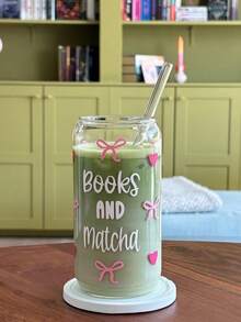 16盎司冰蝴蝶结咖啡抹茶玻璃吸管杯，高温印花，可清洗重复使用，罐装造型，冷热饮皆宜，最佳礼品之选 - 彩色 - 查看 2