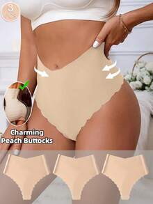 3pcs High Waist Seamless Women's Thong Panties, Sexy Butt Lifting & Tummy Control, Wavy Hem Design, Smooth Fabric, Ladies Underwear
