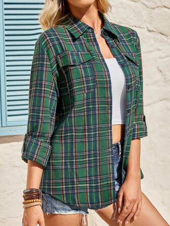 女士法兰绒格子口袋长袖舒适棉混纺衬衫，休闲百搭，适合外出、周末、学院风、通勤等场合，翻领纽扣衬衫，适合秋冬季圣诞节新年派对，女士圣诞服装