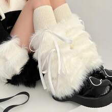 15.7in Bow Fluffy Leg Warmers, Y2K Warm Faux Fur Furry Leg Warmers Women, Winter Fuzzy Long Boot Cuff Covers - 白色 - 查看 5