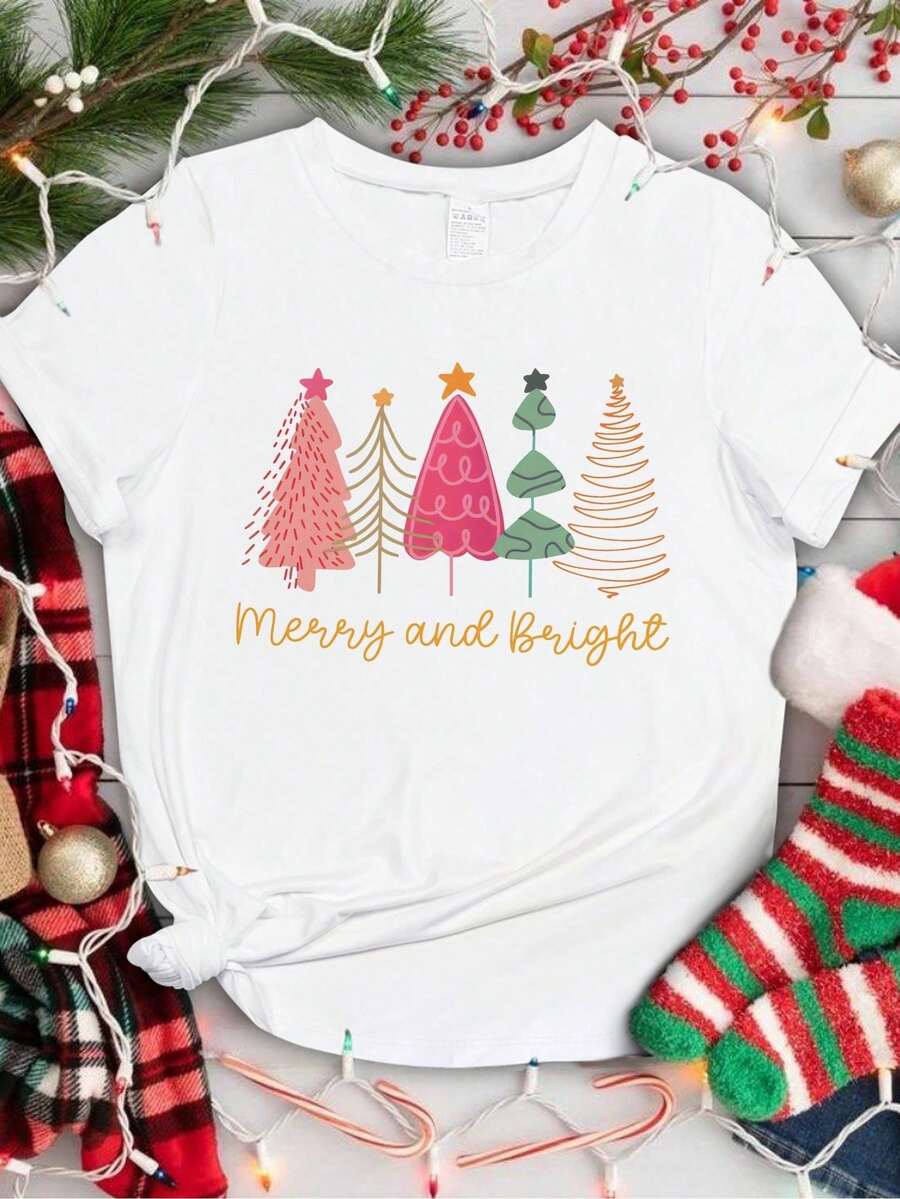 Camiseta gráfica festiva de árbol de Navidad: casual, cuello redondo, manga corta, top de mujer, estampado navideño, mezcla de viscosa y elastano, tejido de punto - Blanco - Ver 1