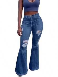 TodTan Women Ripped Flared Jeans High Waisted Bell Bottom Jeans Destroyed Denim Pants - 藍d - 查看 4