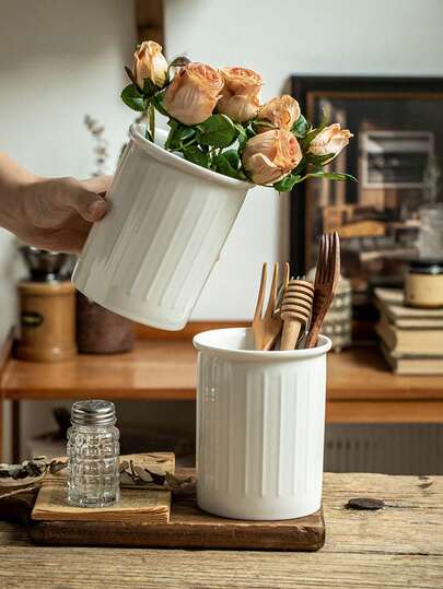 1pc New Simple White Embossed Chopstick Holder, Ceramic Kitchen Cutlery Storage Jar, Vase Decor; 1pc Firework Design High-Apearance Embossed Storage Jar, Desk Pen Holder