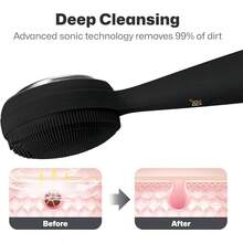 PRITECH Facial Cleansing Brush, Rechargeable Silicone Face Scrubber With Constant-Temperature Heating, Vibrating Exfoliator Scrubber For Deep Pore Cleaning, Waterproof Face Brush For Women & Men -Pink - 黑色 - 查看 3