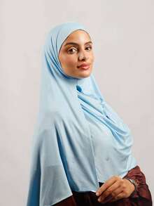 1 szt. Damski natychmiastowy hidżab, jednokolorowy dwuwarstwowy szal na głowę Khimar, wygodny natychmiastowy szal na szyję, oddychająca i wygodna długa chusta na głowę, odpowiednia do całorocznego użytku i codziennego noszenia przez muzułmanki - Jasnoniebieski - Zobacz 2