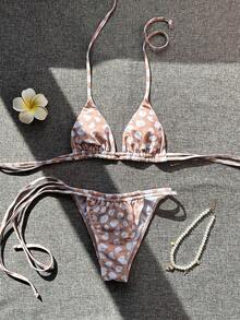 Bộ bikini chấm bi hồng nâu gợi cảm dễ thương - Áo tam giác có thể điều chỉnh + Quần bơi cạp thấp buộc dây bên hông | Đồ bơi đi biển, kỳ nghỉ hè - Bụi hồng - Xem 3