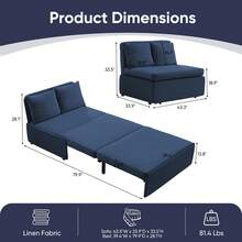 Puremind Modern Full Size Single Sofa Bed, 2 In 1 Convertible Linen 1-Seater Sleeper Sofa Couch With Cushions,Pull Out Sofa Bed For Apartment - 藏蓝色 - 查看 2