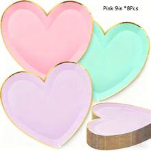 8pcs, Valentines Day Paper Heart Shaped Plate, Pink Red White Heart Plate Decorative, Stamping In Golden, Tableware For Anniversary, Birthday, Wedding Party Supplies Decor (PLATE ONLY) - Multicolor - View 9