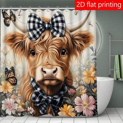 4件套浴室浴帘套装，72x72英寸，防水防霉加厚速干涤纶面料，高地牛格纹蝴蝶结花卉图案，包含浴垫、U型垫、马桶盖套和12个免费挂钩，适用于家庭、公寓、宿舍。