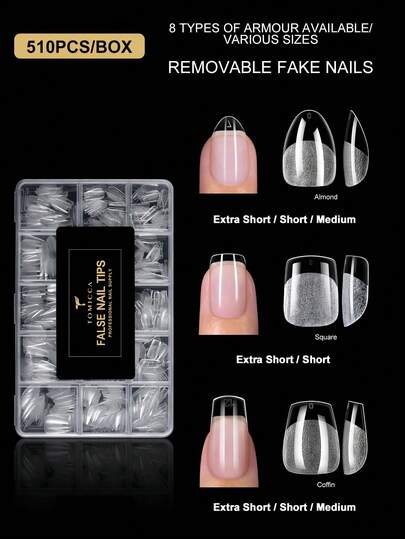 TOMICCA 504pcs Ultra-Short Almond/ 510pcs Short Almond/ Middle Almond /Ultra Short Square/Short Square/ Ultra-Short Coffin /Short Coffin/ Middle Coffin Boxed Acrylic Nail Tips , 12/15 Sizes Half Frosted Inside Acrylic False Nail , Suitable For Nail Salons And DIY Nail Art Press On Nails Or Nail Supplies