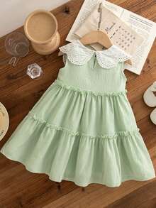 女婴甜美蕾丝领无袖优雅连衣裙，度假沙滩派对拼接无袖连衣裙 - 薄荷綠 - 查看 2