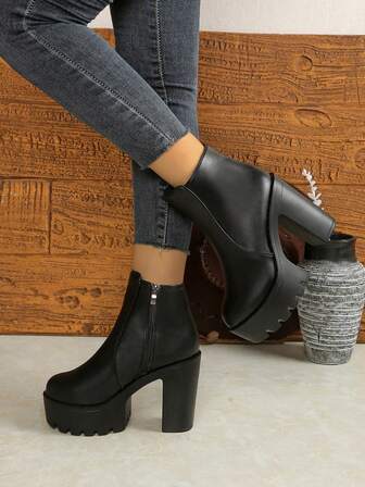 1 Pair Women's Autumn/Winter New Chunky Heel Ankle Boots And Short Boots, Retro Side Zipper, European And American Punk Style, High Platform, Short Shaft, Fashion Boots, Plus Size, Imported, Super High Heel