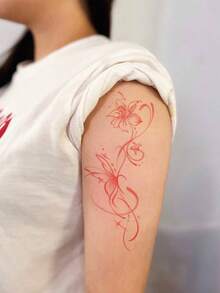1 Piece Of Valentine's Day Temporary Tattoo Sticker, Y2K Simple Style Red Rose Flower Butterfly Pattern Waterproof And Sweatproof Washable Non-Reflective Arm And Shoulder Simulation Tattoo Suitable For Fashionable People And Can Last 3-5 Days - Red - View 5