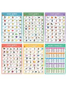 6pcs A3 Educational Visual Words And Word Family Posters, Frameless Classroom Learning Posters, 220 Visual Words And 160 Word Families Collection, Suitable For Kindergarten, Preschool, Home Education, Playroom Decor - Multicolor - View 6