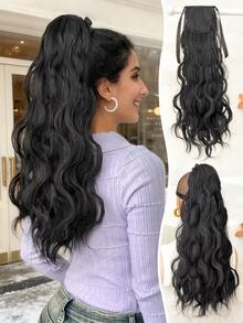 22英寸黑色波浪卷曲合成纤维夹式接发，可打造长马尾辫造型