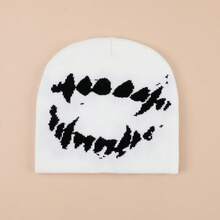 1 pieza Gorro de punto con estampado de dientes de estilo punk oscuro, artículo único de ropa de calle en contraste blanco y negro