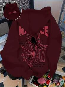 Summer Bestsellers Double Print One-Piece Women's Fashion Hoodie Spider Web English Naxoce Print Creative Fun Cartoon Halloween Night Street  Spring Autumn Winter Fleece American Ins Casual Versatile Long Sleeve Top Supple - 白花灰色 - 查看 7
