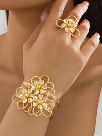 1 Set Minimalist Versatile Geometric Hollow Double-Layer Line Bracelet & Ring Jewelry Set, Gift For Women