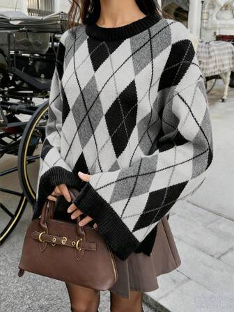 Just Masa Women's Autumn And Winter Sweater Casual Holiday Diamond Lattice Inlay Color Collision Thin Edge Ribbed Slit Long Sleeve Loose Sweater