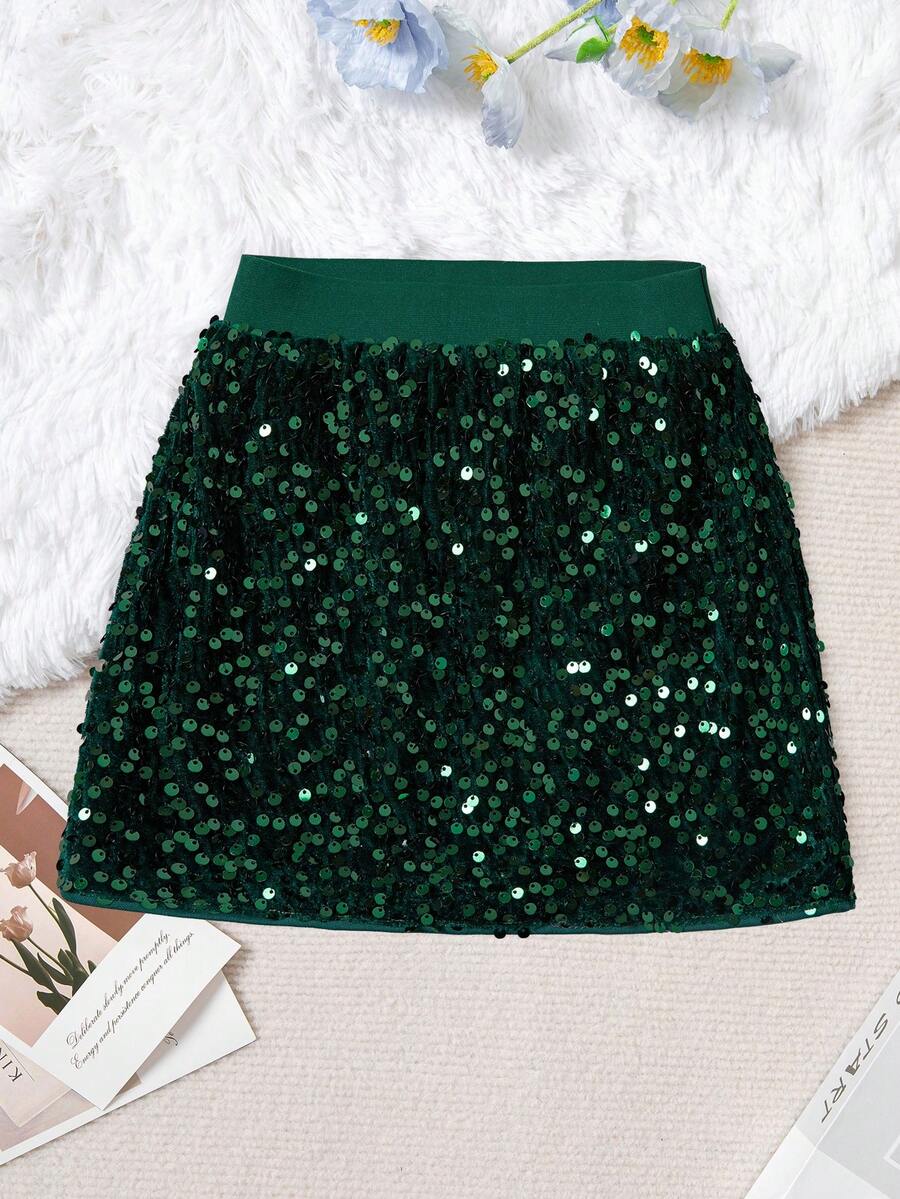 女童时尚亮片迷你裙，适合派对和聚会 (Y0847) - 墨綠色 - 查看 1