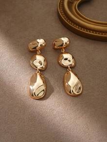 1 Pair Minimalist Versatile Geometric Asymmetrical Shiny Textured Mixed Metal Pendant Dangle Long Earrings, Women's Everyday Party Jewelry - Yellow Gold - View 2