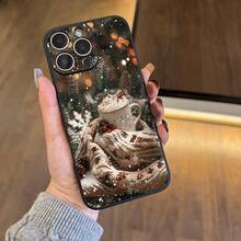 Funda de teléfono estética con patrón de toalla de té de leche navideña compatible con  17/16/11/15/14/13/12 Pro Max Plus, funda de teléfono negra, regalo de Año Nuevo, estilo de niña, regalo de temporada, regalo de vacaciones, diseño de moda, patrón lindo, funda duradera, funda de , mujeres jóvenes entusiastas de la estética - Negro - Ver 6