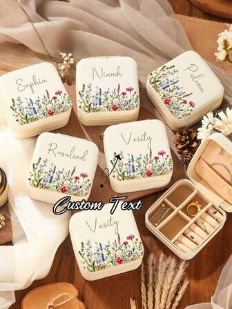 1pc Personalized Wildflower Field Beige Jewelry Box, Zipper Closure Box, Customized Name, Bridesmaid Gift, Graduation Birthday Gift For Sisters Friends | Best Gift For Mother | Valentine's Day Gift | Gift For Her | Christmas, Jewelry Boxes