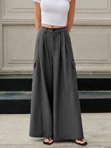 Pantalones anchos elegantes para oficina para mujer, de unicolor con bolsillos, para primavera/verano - Gris - Ver 3