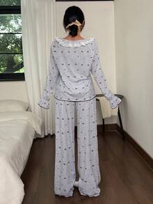 Contrast Color Lace Trim Patchwork Bow Print Women Long Sleeve Pajama Set - Grey - View 5