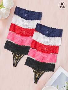 10 pièces Femmes Culotte Couleur Unie Sexy Imprimé Léopard Sous-vêtements Slip Taille Basse G-String Patchwork Transparent Dentelle Florale Imprimé Guépard Lingerie