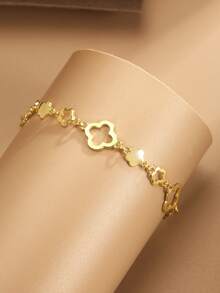 1pc S925 Sterling Silver Flower & Clover Hollow Chain Bracelet, Minimalist & Fashionable, Suitable For Daily Wear, Elegant Gift For Mother, Girlfriend - Gold - View 4